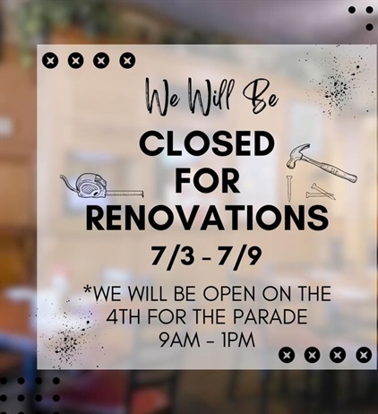 ⚒️ We’re doing a little remodeling next week! 🪚 We’ll still be OPEN on the 4th for the parade!! 🇺🇸 Stay tuned for updates on the progress. 
 
thefvi.com
585-388-0112