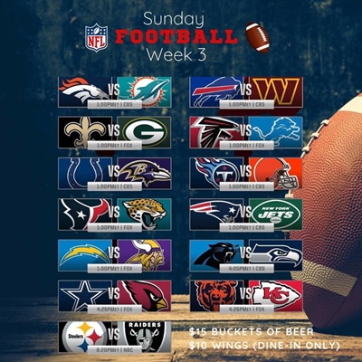 🏈 Here we go week 3!! Sunday Football Funday!! Crappy, rainy day outside but perfect day here inside for some football, beer and wings!

Lots of great games today! Kenny working the 1st half of the day and Jessica Ainslie taking over for the 2nd half. 

Let’s goooooo!! 🍻