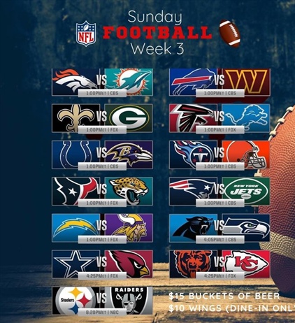 🏈 Here we go week 3!! Sunday Football Funday!! Crappy, rainy day outside but perfect day here inside for some football, beer and wings!

Lots of great games today! Kenny working the 1st half of the day and Jessica Ainslie taking over for the 2nd half. 

Let’s goooooo!! 🍻