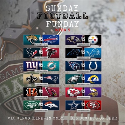 🏈 Sunday Football Funday!🏈

We are already open for the Bills game. It’s going to be a marathon today not a sprint so pace yourselves for a great day of games. 

Let’s goooooo!!