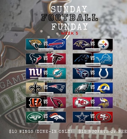 🏈 Sunday Football Funday!🏈

We are already open for the Bills game. It’s going to be a marathon today not a sprint so pace yourselves for a great day of games. 

Let’s goooooo!!