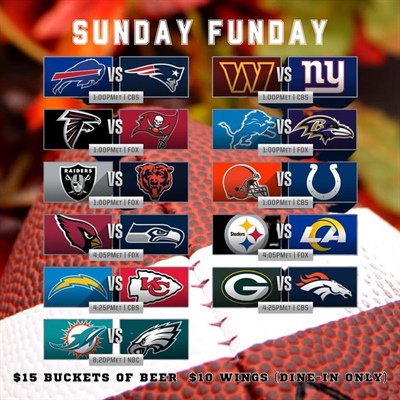 Let’s gooooo Sunday Funday! 🏈

Another dreary day, but not in here. 
Bills on the big screen. 
Giants fans we’ll have the game on! 🖥️

Kenny is behind the bar for the early games and Jess will tag in at 4 o’clock.