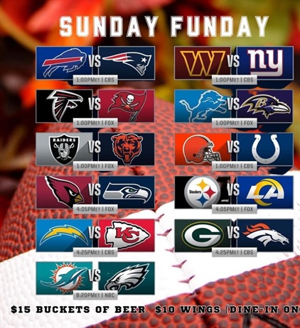 Let’s gooooo Sunday Funday! 🏈

Another dreary day, but not in here. 
Bills on the big screen. 
Giants fans we’ll have the game on! 🖥️

Kenny is behind the bar for the early games and Jess will tag in at 4 o’clock.