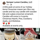 🛍️ Small Business Saturday is just 3 weeks away and we’ll be having Semper Lumen Candles, LLC pop-up booth in the restaurant again this year!! Look how cute the Snowmen are! Can’t wait to smell all the candles!🕯️