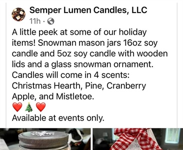 🛍️ Small Business Saturday is just 3 weeks away and we’ll be having Semper Lumen Candles, LLC pop-up booth in the restaurant again this year!! Look how cute the Snowmen are! Can’t wait to smell all the candles!🕯️