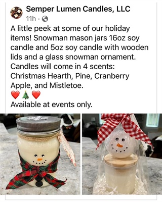 🛍️ Small Business Saturday is just 3 weeks away and we’ll be having Semper Lumen Candles, LLC pop-up booth in the restaurant again this year!! Look how cute the Snowmen are! Can’t wait to smell all the candles!🕯️