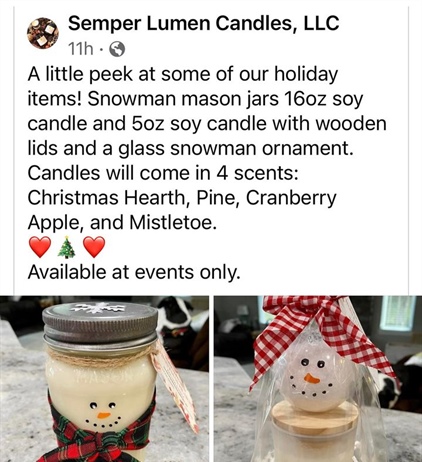 🛍️ Small Business Saturday is just 3 weeks away and we’ll be having Semper Lumen Candles, LLC pop-up booth in the restaurant again this year!! Look how cute the Snowmen are! Can’t wait to smell all the candles!🕯️