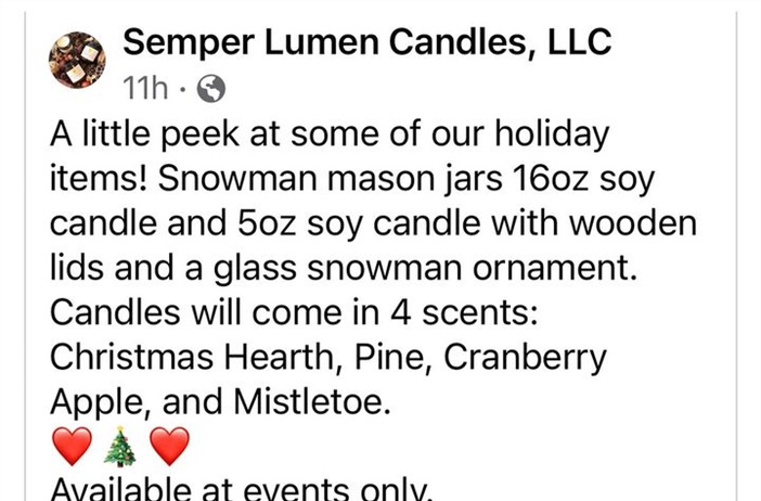 🛍️ Small Business Saturday is just 3 weeks away and we’ll be having Semper Lumen Candles, LLC pop-up booth in the restaurant again this year!! Look how cute the Snowmen are! Can’t wait to smell all the candles!🕯️