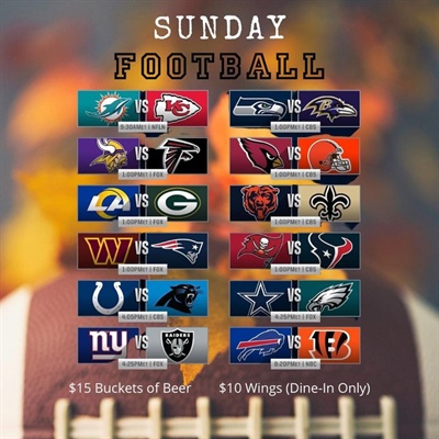 🏈 Sunny Sunday Funday!! Come on down and get your games on with us!! We will have the Giants game on for the 4 o’clock game. Plus of course the Bills for the late game! Let’s goooo!! 🍻