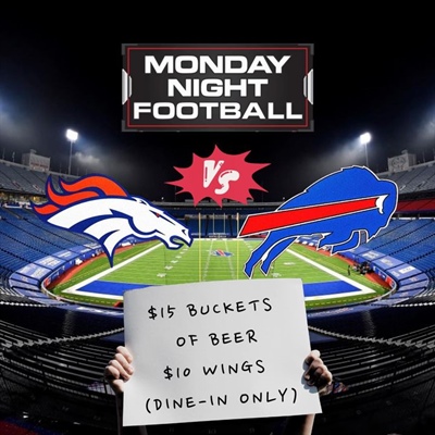 📣 Let’s go Buffalo! Hey-ayyyyyyy-ayyyyyyyy-ayy!

Football Specials tonight are available from 6pm-close

🍺Bar opens at 3pm
🍳Kitchen opens at 5pm