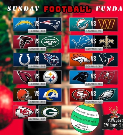🏈 It’s Game Day 🏈

We’ll have the Steelers on the big screen! Come on down for some football, wings, beer and holiday cheer!

Let’s goooo!!!🍻

585-388-0112
thefvi.com