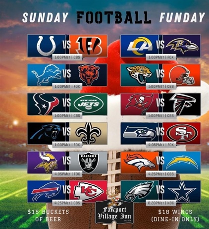 🎶 Village sidewalks, busy parking lots

dressed in your favorite team

in the air there’s a feeling of winning. 

Glasses clinking, people drinking

meeting shot after shot

and on every television you’ll hear.

Whistle blows, whistle blows

It’s Football time at the Village Inn.

Eating wings, Kenny screams (let’s gooo!),

Soon it will be Super Bowl Day. 🎶