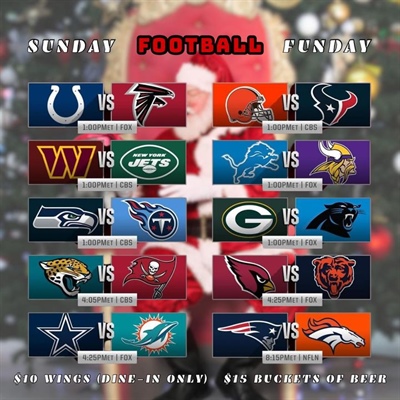 🏈 Sunday Football Funday 🏈 Holiday edition!🎄🎅🏻 

Reminder we are open until 6pm today! Come watch the early games and have some Christmas Cheer with us! 🍻 It’s the last day of our Christmas cocktail menu too!