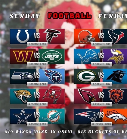 🏈 Sunday Football Funday 🏈 Holiday edition!🎄🎅🏻 

Reminder we are open until 6pm today! Come watch the early games and have some Christmas Cheer with us! 🍻 It’s the last day of our Christmas cocktail menu too!