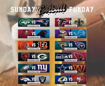 🏈 It’s the last Sunday Football Funday of regular season! 🏈

Division titles are at stake and the final playoff spots are up for grabs. 

“May the odds be ever in your favor”
~Hunger Games