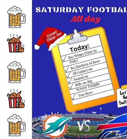 We’ve got the NFL ticket! All games will be on today!!        

🍗🍺Wing and Beer specials all day. Bills on the big screen tonight! 
Let’s Go Buffalo!! ……………………………………………..
#fvi #thefvi #fairportvillageinn #smallbusiness #smallbusinessowner #fairport #fairportny #supportsmallbusiness #supportlocal #supportlocalrestaurants #buffalobills #billsmafia🏈