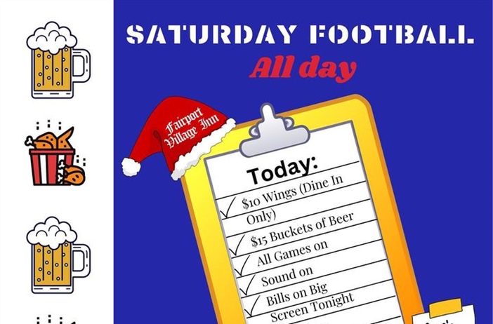 We’ve got the NFL ticket! All games will be on today!!        

🍗🍺Wing and Beer specials all day. Bills on the big screen tonight! 
Let’s Go Buffalo!! ……………………………………………..
#fvi #thefvi #fairportvillageinn #smallbusiness #smallbusinessowner #fairport #fairportny #supportsmallbusiness #supportlocal #supportlocalrestaurants #buffalobills #billsmafia🏈