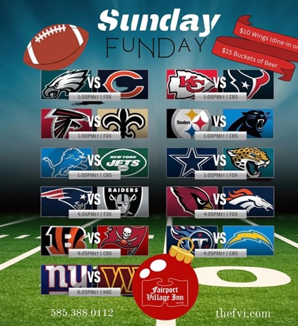 ⚽️After Soccer/Football we’ve got American Football on all day! 🏈

🍗Wings and Beer Specials🍺

⚫️✨Steelers 1pm on the Big Screen!

…………………………………………………………….
#thefairportvillageinn #eatlocal #supportlocalbusiness #smallbusinessowner #fairportny #fvi #fairportvillageinn #FVI #sundayfunday #thefvi #supportlocal #supportsmallbusiness #Fairport #FairportNY #SupportSmallBusiness #blackandyellow #terribletowel #Steelers #SteelersNation #steelersfootball #steelersfan