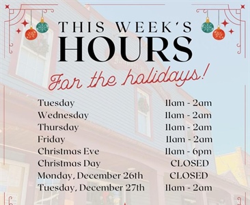 We’re almost there! Relax and unwind, grab a bite, a Holiday cocktail, beer or all of the above. Please note the hours this week. 

…………………………………………………………………
#thefairportvillageinn #eatlocal #supportlocalbusiness #smallbusinessowner #fvi #fairportvillageinn #FVI #shoplocal #supportlocal #supportsmallbusiness #Fairport #FairportNY #SupportSmallBusiness