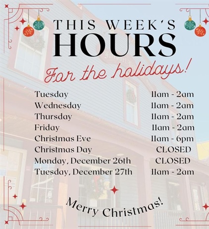 We’re almost there! Relax and unwind, grab a bite, a Holiday cocktail, beer or all of the above. Please note the hours this week. 

…………………………………………………………………
#thefairportvillageinn #eatlocal #supportlocalbusiness #smallbusinessowner #fvi #fairportvillageinn #FVI #shoplocal #supportlocal #supportsmallbusiness #Fairport #FairportNY #SupportSmallBusiness