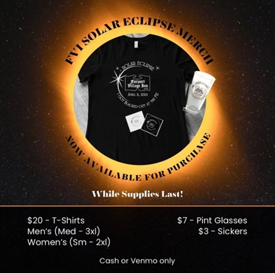 Hurry and grab your FVI Branded Eclipse merch while supplies last! See your server or bartender to purchase.