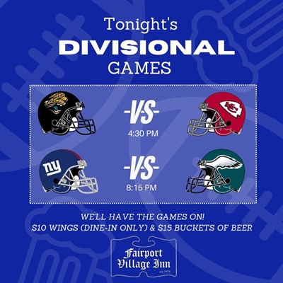 🏈 Divisional Weekend!! Come enjoy the games with us tonight!!  

#thefairportvillageinn #eatlocal #supportlocalbusiness #smallbusinessowner #fvi #fairportvillageinn #FVI #thefvi #supportlocal #supportsmallbusiness #FairportNY #SupportSmallBusiness