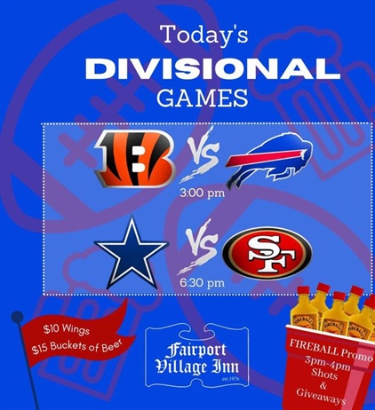 🏈 Sunday Funday Game Day! 🏈 We’ve got the Games, the Wings, the Beer and the Fireball promo!!! 🤯 

📣 Let’s Go Buffalo! 🦬 

www.thefvi.com

#thefairportvillageinn #eatlocal #supportlocalbusiness #smallbusinessowner #fvi #fairportvillageinn #FVI #sundayfunday #thefvi