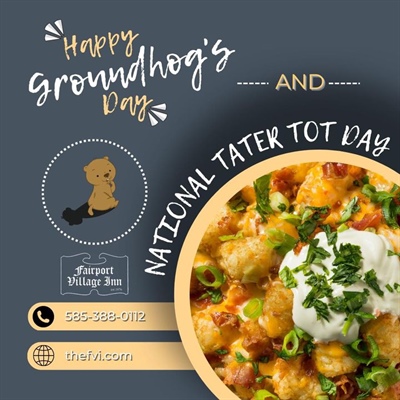 Happy 𝙂𝙧𝙤𝙪𝙣𝙙𝙝𝙤𝙜’𝙨 𝘿𝙖𝙮 & 
National 𝙏𝙖𝙩𝙚𝙧 𝙏𝙤𝙩 Day! 
Have you tried our loaded Tater Tots yet? 

🍲 Soups today are:
~ Spicy Tomato, Chicken & Sausage 
~ Chicken & Dumplings 

thefvi.com