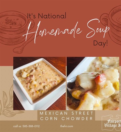 We’ve been featuring a lot of soup’s lately all leading up to today. 

𝒩𝒶𝓉𝒾ℴ𝓃𝒶𝓁 ℋℴ𝓂ℯ𝓂𝒶𝒹ℯ 𝒮ℴ𝓊𝓅 𝒟𝒶𝓎!

All our soups are in-house made fresh daily! 

Soup Du Jour:
• 𝙼𝚎𝚡𝚒𝚌𝚊𝚗 𝚂𝚝𝚛𝚎𝚎𝚝 𝙲𝚘𝚛𝚗 𝙲𝚑𝚘𝚠𝚍𝚎𝚛  
• 𝙶𝚛𝚎𝚎𝚗𝚜 𝚊𝚗𝚍 𝙱𝚎𝚊𝚗𝚜 𝚠𝚒𝚝𝚑 𝙲𝚑𝚒𝚌𝚔𝚎𝚗 & 𝚂𝚊𝚞𝚜𝚊𝚐𝚎 

thefvi.com