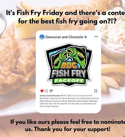 🍻𝐇αρρ𝗒 𝐅𝗂𝗌ɦ 𝐅𝗋𝗒 𝐅𝗋𝗂ᑯα𝗒!🍻

There’s a contest, March Madness style with brackets, for the best fish fry in Rochester. 
Nominations are being accepted now until the 19th. If you think ours is worthy please nominate us. 
Thank you 😊 

Link👇🏻
https://dandcpoll.survey.fm/rochesters-best-fish-fry?mibextid=Zxz2cZ
(For instagram link is in our story)