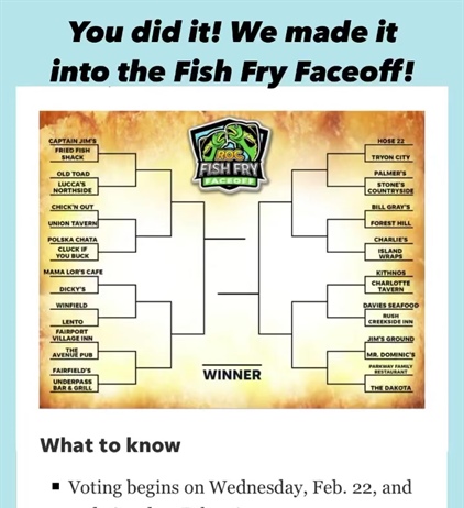 Thank you for nominating us!!! Now comes the voting. If you like ours please feel free to vote for us. Link below. 

If you haven’t tried ours it’s available today and Friday this week!!

https://www.democratandchronicle.com/story/lifestyle/rocflavors/2023/02/22/best-fish-fry-in-rochester-ny-bracket-of-32-set-for-faceoff/69915525007/?mibextid=Zxz2cZ