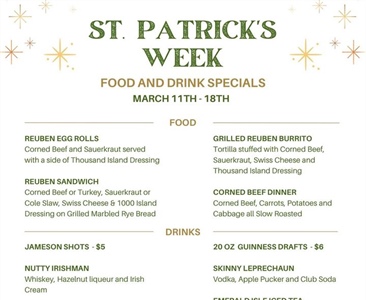 🍀Happy St. Patrick’s Week🍀
Starting today and going through to next Saturday the 18th we will be having all the Irish Corned Beef options for you.  Plus some fabulous drinks! 
Come get your Shenanigans on! 💚🍹🍻