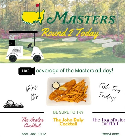 Another rainy day so why not dry off and watch Round 2 of the Masters today with us. Try one of our special Masters Cocktails too!🍹

Open at 11am today!
.
.
.
.
.
.
.

#thefairportvillageinn #thefvi #fairportny #FVI #fairportvillageinn #Masters2024 #mastersweek #MastersTournament