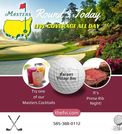 ⛳️ Time for Round 3 🏌🏻‍♂️

Swing by and sip on our golf-themed cocktails as you cheer on your favorite players.

#MastersGolf #FairportVillageInn