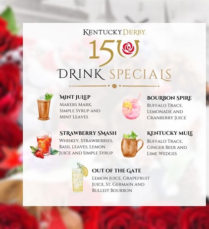 🏇🌹 Join Us for the Kentucky Derby!🌹🏇

Get your hats ready and join us at the Fairport Village Inn to watch the 150th Kentucky Derby! Experience the thrill of the race with our live screening and enjoy our delicious drink specials!

Live coverage begins at 2:30pm. Race starts at 6:47pm. Drink specials all day!!