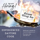 🌟 Join Our Team! 🌟

Are you passionate about cooking and creating delicious dishes? We're looking for a talented daytime cook to join our team!

🧑🏻‍🍳 Position: Experienced Cook
🕒 Hours:  7am - 3pm; Tuesday thru Saturday 
💼 Location: 103 N. Main St; Fairport

🔥 Responsibilities:
- Prepare and cook menu items with precision and care
- Maintain a clean and organized kitchen environment
- Collaborate with the kitchen team to ensure efficient operations

🌟 Requirements:
- Strong knowledge of food safety practices
- Ability to work in a fast-paced environment
- Positive attitude and a team player

💰 We offer competitive wages and a supportive work environment!

📧 To apply, please send your resume to kbeckwith54@gmail.com or drop by in person. We look forward to meeting you!

🫵🏻 Know