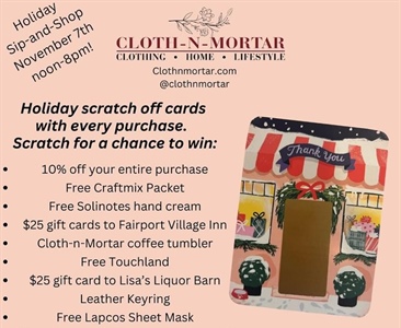 This Thursday from noon-8pm shop at @clothnmortar for your chance to win all kinds of prizes including a Fairport Village Inn gift card!!