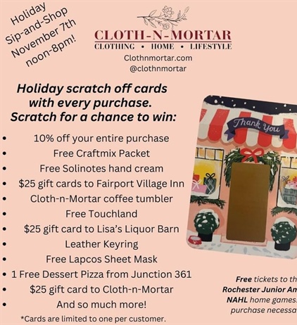 This Thursday from noon-8pm shop at @clothnmortar for your chance to win all kinds of prizes including a Fairport Village Inn gift card!!