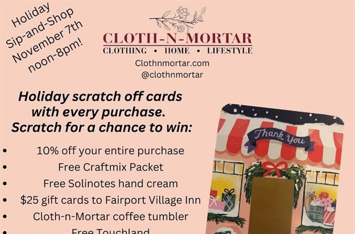 This Thursday from noon-8pm shop at @clothnmortar for your chance to win all kinds of prizes including a Fairport Village Inn gift card!!